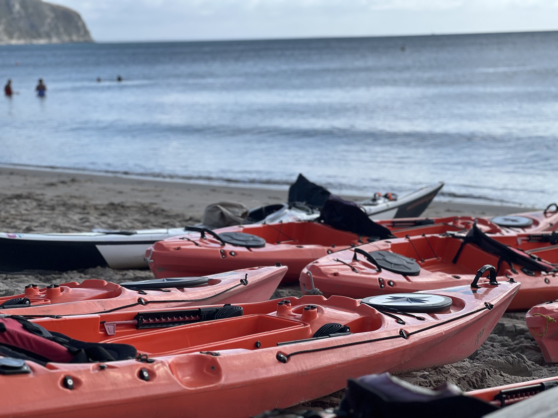 Orange sit-on-top kayaks on a beach waiting to launch.