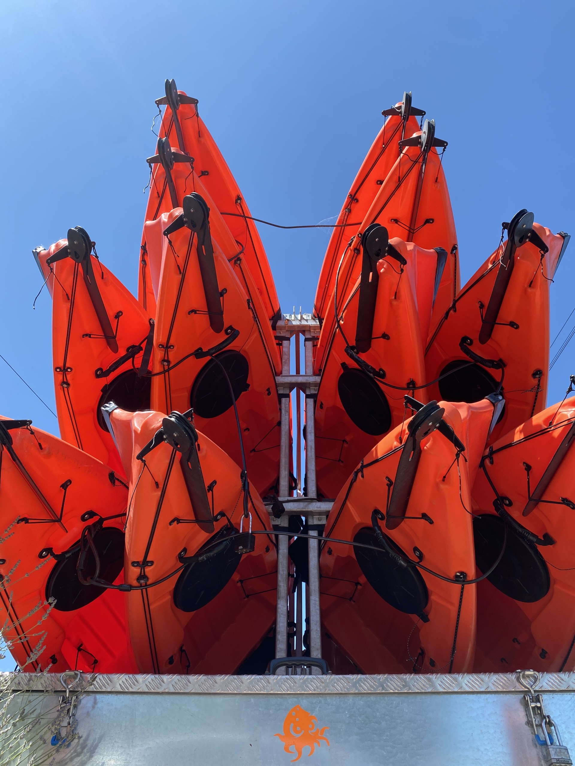 Trailer loaded with orange sit-on-top kayaks with NOMAD Sea Kayaking.