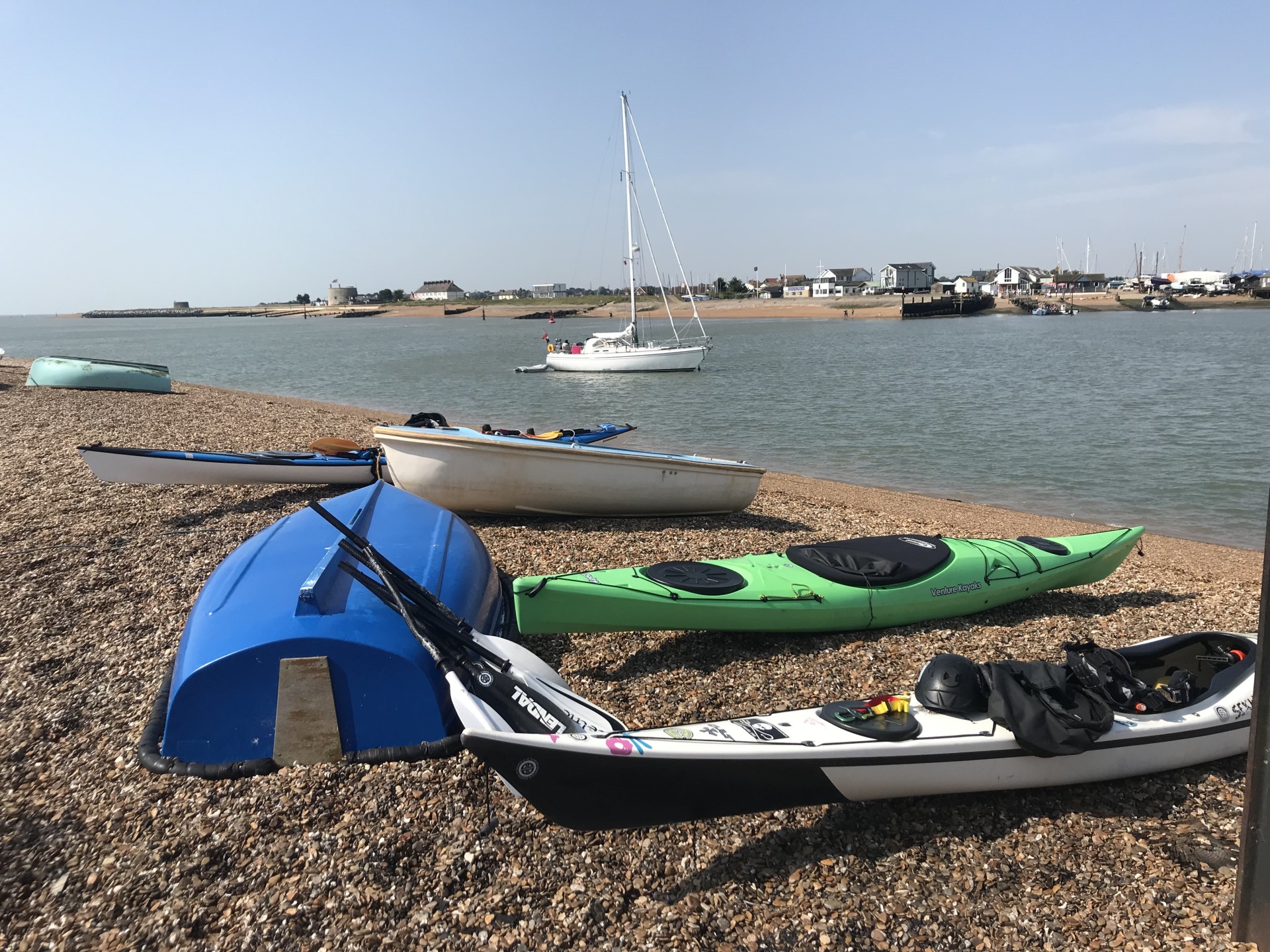 Launching sea kayaks and tourers from Bawdsey Quay.