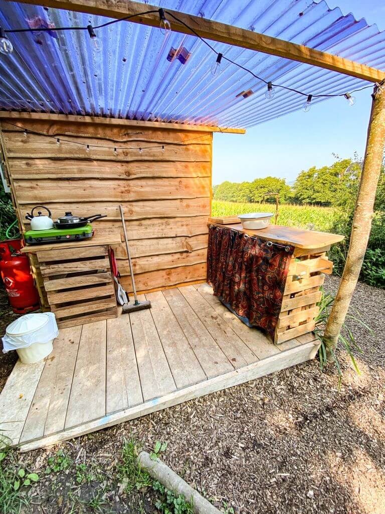 Purpose made outdoor kitchen atHollyhocks luxury glamping site in Suffolk.